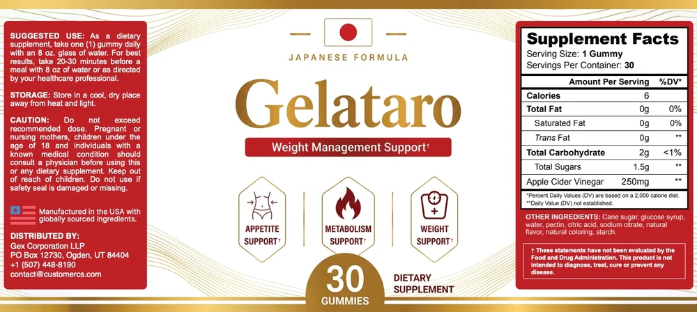 Gelataro Supplement Facts label, full panel